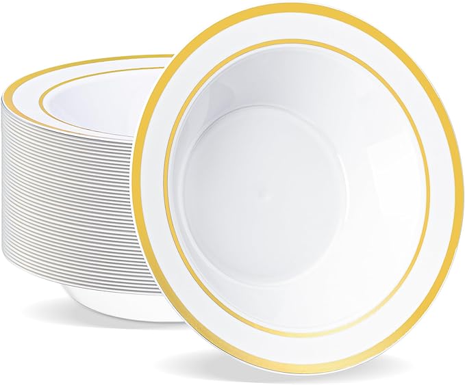BESTVIP 50 Pack Plastic Bowls with Gold Rim, 12 oz Disposable Soup Bowls, Heavy-duty Dessert Salad Bowl for Party, Wedding, Christmas, Thanksgiving, Dinner, Catering