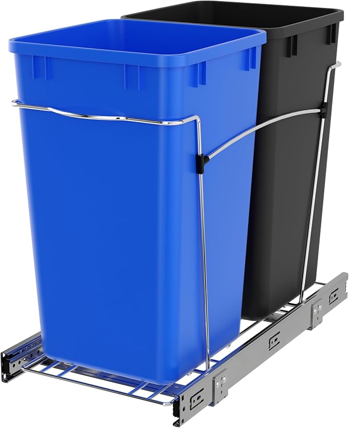 Rev-A-Shelf Pullout Trash Can for Kitchen Cabinets 27 Qt Garbage Recycling Bin with Full Extension Slides, Blue/Black, RV-15KD-2218C-S