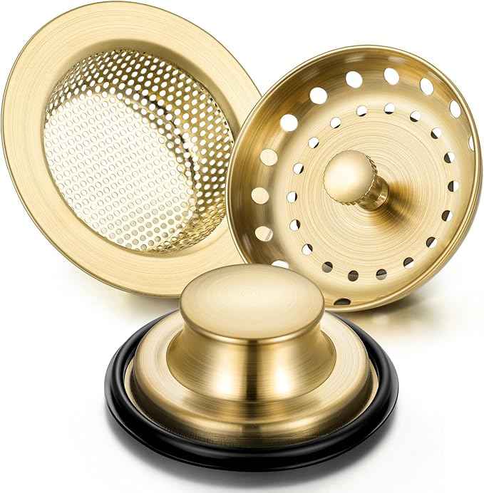 Mudder 3 Pcs Kitchen Sink Drain Strainer and Stopper Stainless Steel Garbage Disposal Plug with Handle Universal Anti-Clogging Kitchen Sink Filter Sieve Basket Strainer(Brushed Gold)