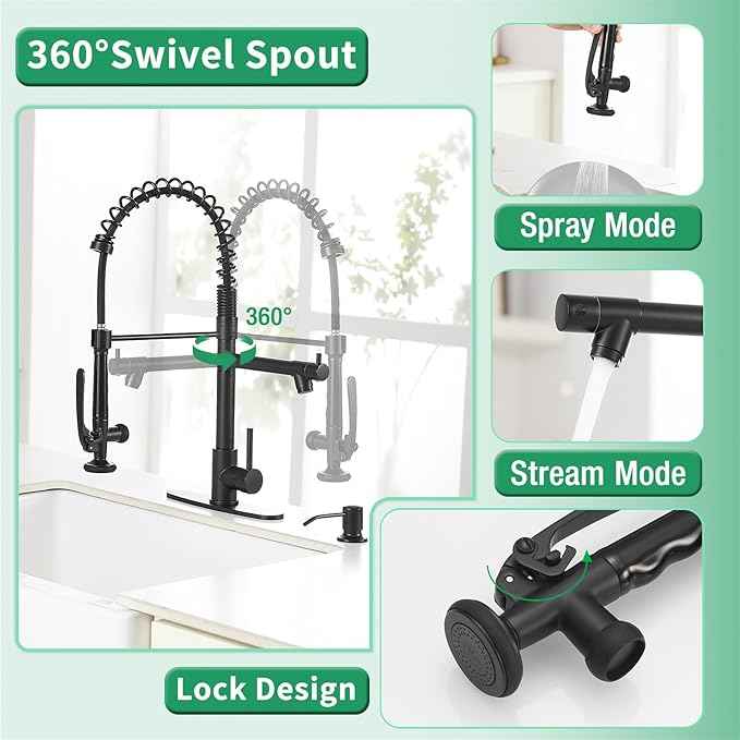 Fapully Commercial Pull Down Kitchen Sink Faucet with Sprayer Matte Black Single Handle Faucets for Kitchen Sink, Kitchen Faucet with Soap Dispenser and Deck Plack for 4 Hole