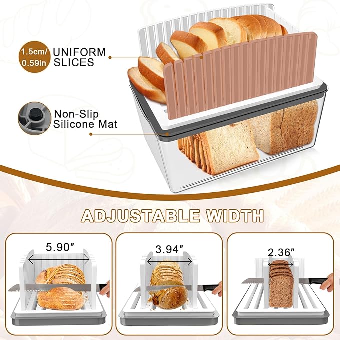 Kiss Core Upgrade Bread Slicer for Homemade Bread with Bread Box, Bread Slicing Guide Adjustable Width, Foldable and Compact Cutting Guide with Crumb Tray, Suitability for Homemade Bread, Bagels,Cakes