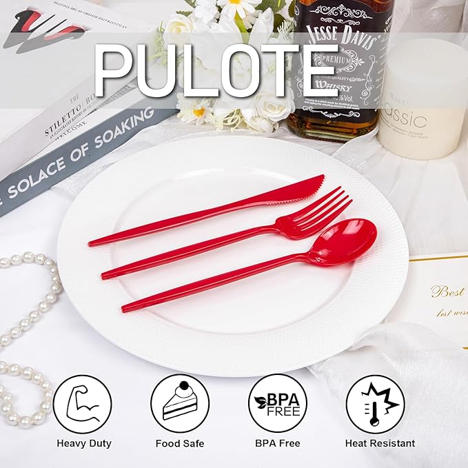 PULOTE 150PCS Red Plastic Silverware Set - Heavy Duty Plastic Cutlery - Red Utensils Disposable Include 50 Forks, 50 Spoons, 50 Knives for Party, Wedding & Mother’s Day