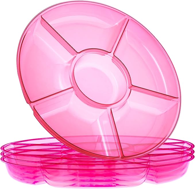 Plasticpro 6 Sectional Round Plastic Serving Tray/Platters Pink Pack of 8