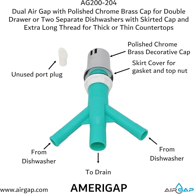 Dual Air Gap with Polished Chrome Brass Cap for Double Drawer or Two Separate Dishwashers with Skirted Cap and Extra Long Thread for Thick or Thin Countertops (AG200-204, AG200-X04, AMERIGAP)