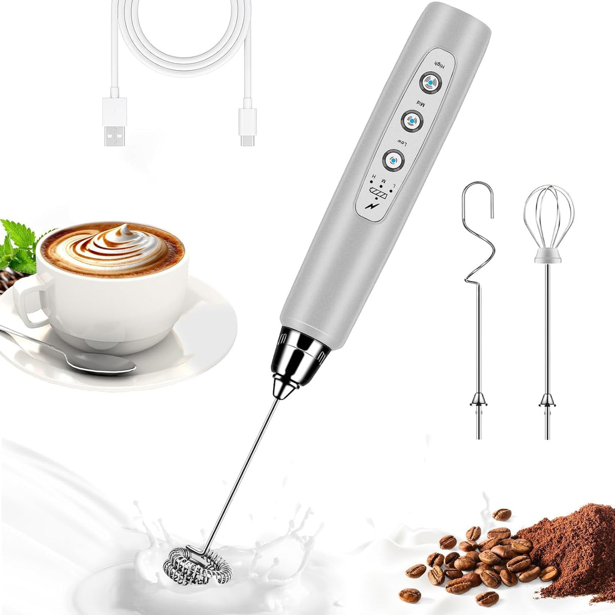 Milk Frother Handheld for Coffee, Electric Whisk 3 Speed Adjustable, Drink Mixer with Stainless 3 Whisks, Rechargeable Hand Frother Wand, Foam Maker for Latte Cappuccino Matcha Egg Silver