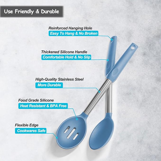 Pack of 2 Large Silicone Cooking Spoons,Non Stick Solid Basting Spoon,Heat-Resistant Kitchen Utensils for Mixing,Serving,Draining,Stirring (Starry Blue)