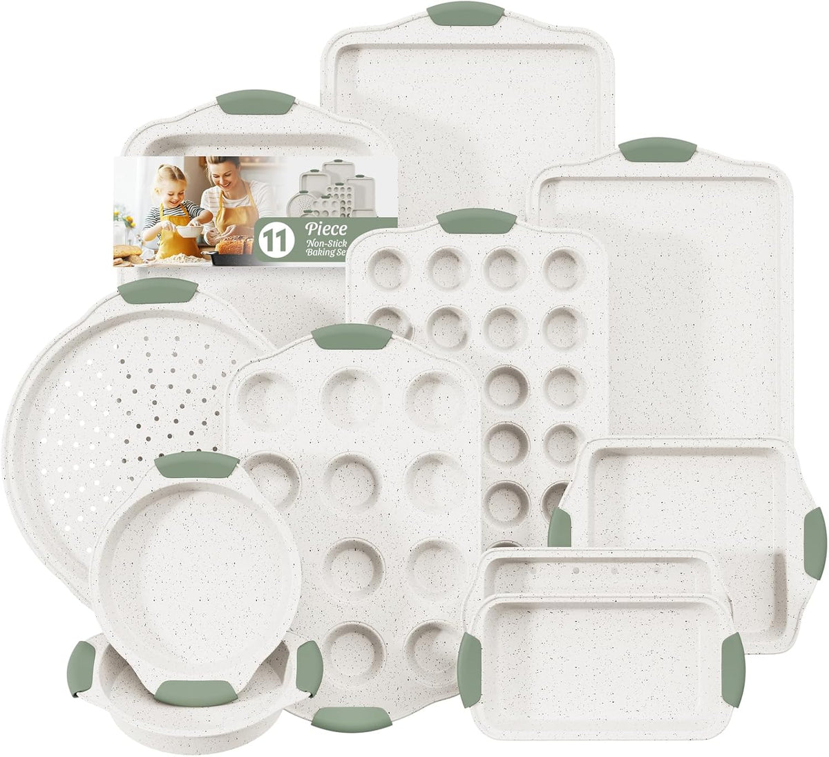 11-Piece Non-Toxic Baking Set, Stackable Nonstick Cookware with Heat-Resistant Handles - Includes Cookie Tray, Round Cake Pan, Muffin Cups, Pizza Pan & Loaf Baker, White&Light Green