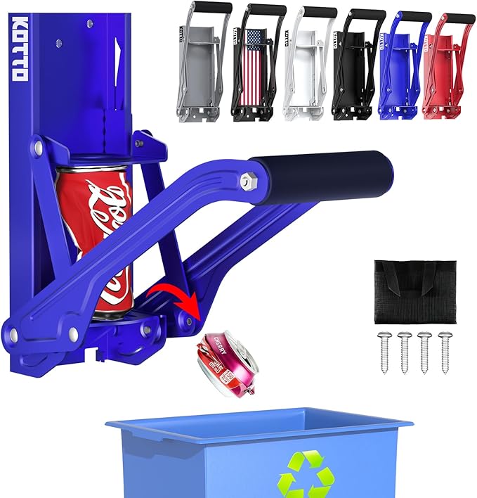 Kotto Can Crusher - Wall Mounted Can Crushers for Recycling - with Auto-Drop System -Built-in Bottle Opener-Crushes 8-16oz Cans-Includes Kitchen Storage Bag-Heavy Duty Can Crusher for Home Use-Blue