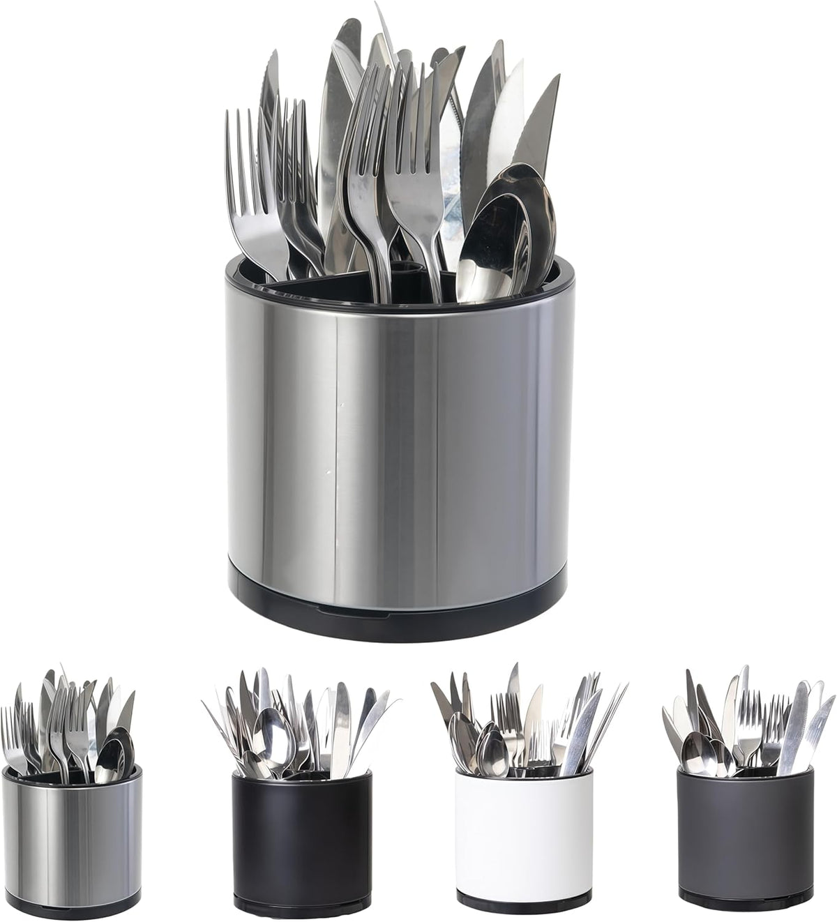 Kitchen Utensil Holder Silverware Organizer 360°Rotating For Counter Organizer Stainless Steel Storage Silverware Caddy 3 Compartment Flatware Spoon Spatula Tool Cutlery Container（Silvery）