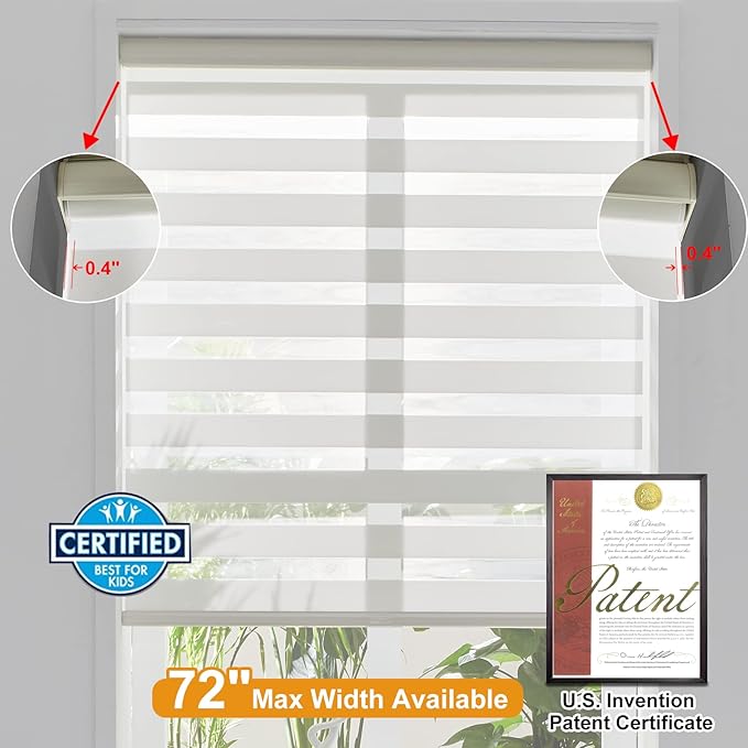 Persilux Cordless Zebra Blinds for Windows Free-Stop Roller Windows Shades (72" W X 72" H, Cream) Dual Layer Light Control for Day and Night, Light Filtering Sheer Shades for Home, Easy to Install