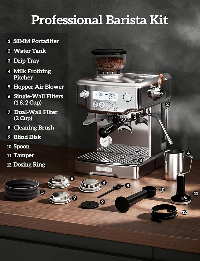 COUPLUX Espresso Machine with Grinder, 5-Temperature (190~205℉) Professional Espresso Machine 58MM with Powerful Milk Frother 15 Bar Expresso Coffee Machines for Espresso Americano Cappuccino & Latte