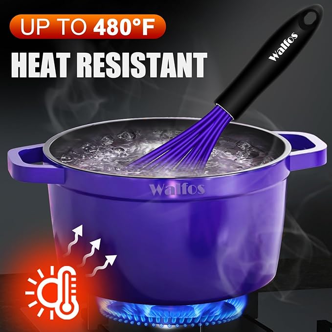 Walfos Whisk,7+9+11in Silicone Whisks for Cooking Non Scatch,Kitchen Whisk,BPA Free and Heat Resistant 480°F,Wisk Perfect for Frothing,Blending,Beating.Dishwasher Safe 3pcs Dark Purple