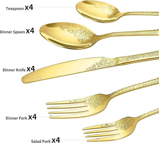 Floral 20 Pcs Gold Silverware Set for 4, Food Grade Stainless Steel Flatware Set with Rose Flower Embossed Design, Eating Utensils Sets Include Fork/Knife/Spoon, Reusable Cutlery Set, Dishwasher Safe