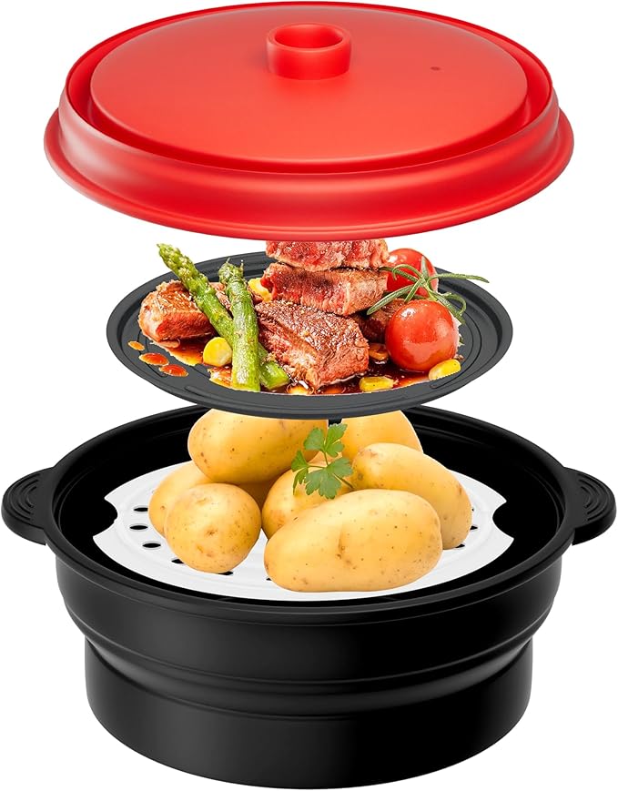 Microwave Steamer for Vegetables | Microwave Grill Pan & Steamer Bowl | Microwave Silicone Cookware | Microwave Popcorn Popper | Dishwasher Safe