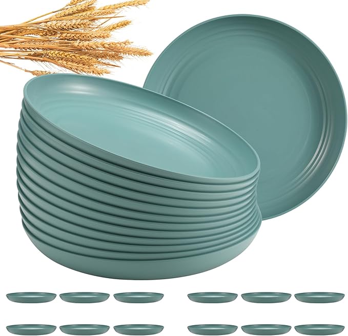 12 Pcs Unbreakable Deep Dinner Plates Set, 10 inch Reusable Plastic Wheat Straw Plates, Microwave and Dishwasher Safe Plate for Kitchen, Lightweight Plate for Dessert, BPA Free, Dark Green