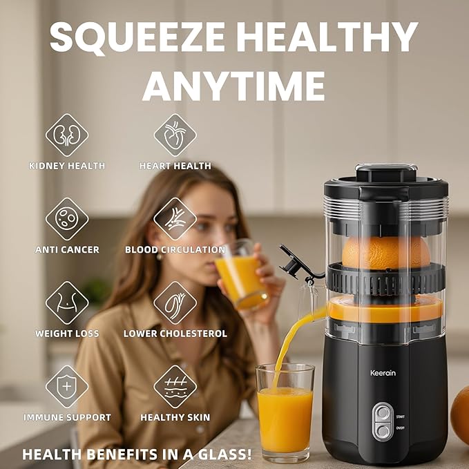 Keerain Electric Orange Juicer, Hand-Free Citrus Juicer Machine with Cleaning Brush, High-Performance Automatic Juice Squeezer for Lemon, Lime, Grapefruit, Pomegranate, Easy to Clean & Use