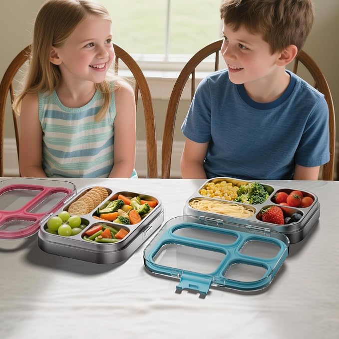 G.a HOMEFAVOR Kids Stainless Steel Lunch Box - 4-Compartment Bento Box with Locking Lid, One-Touch Latch, Leakproof Food Container for School, Travel, 800 ml, Blue