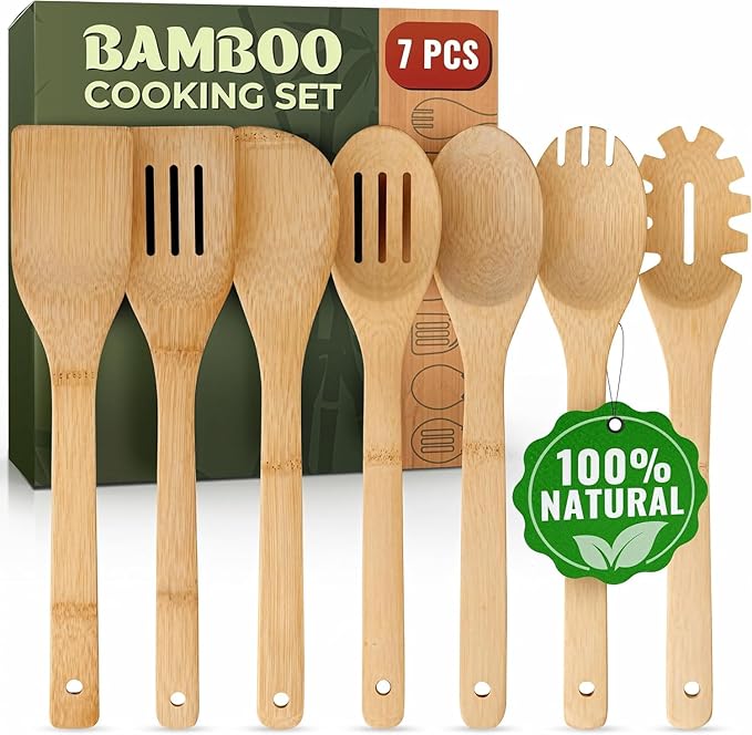 Wooden Utensil Set, Bamboo Utensils – 7 PCs Wood Spoons for Cooking, Easy to Clean, Sturdy, Lightweight & Heat Resistant