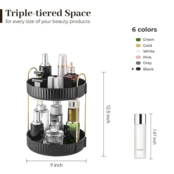 Aveniee 360 Rotating Makeup Organizer for Vanity, Skincare Perfume Organizers, 2 Tiered Bathroom Countertop Storage, Black Cosmetics Lipstick Skin Care Holder for Dresser