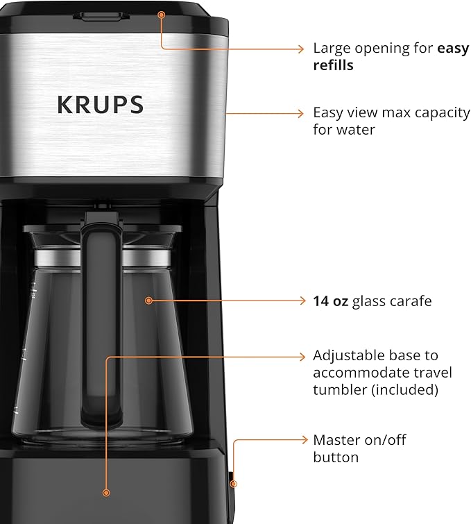 KRUPS Simply Brew Coffee Maker - Multi-Serve 4-in-1 with Stainless Steel Travel Tumbler, Black, 14oz