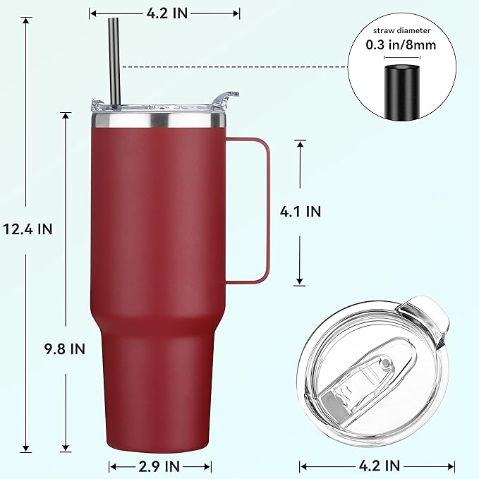 HASLE OUTFITTERS 40 oz Stainless Steel Tumbler with Handle, Vacuum Insulated Tumblers Bulk, Reusable Double Wall Travel Coffee Mug, Durable Powder Coated Water Bottles(Wine Red, 8)