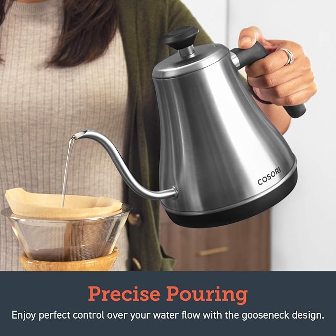 COSORI Gooseneck Electric Kettle with 5 Variable Presets, Pour Over & Coffee maker, 100% Stainless Steel Inner Lid & Bottom, 1200 Watt Quick Heating, 0.8L, Silver