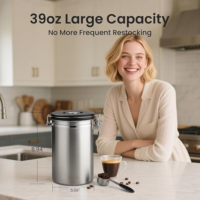 Veken Coffee Canister, 39OZ Large, Airtight Stainless Steel Food Storage Container for 2.2lbs Coffee Beans, Ground, Sugar, Tea, Flour, Cereal, Kitchen Bar Accessories with Date Tracker & Scoop, Silver