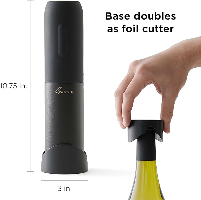 Rabbit Electric Corkscrew Wine Opener - Push Button Automatic Bottle Opener, Compact Design, Opens Bottles Quietly, Stores Vertically or Horizontally, Black