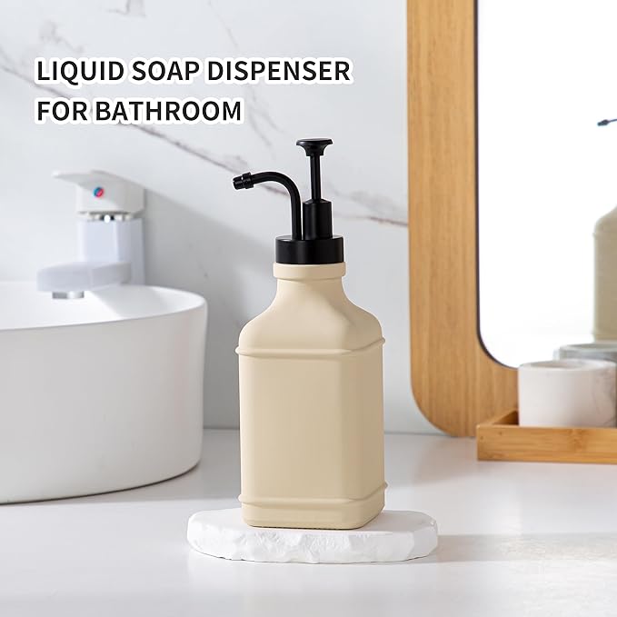 Enra Glass Soap Dispenser with Clear Window,12oz Matte Stainless Steel Hand Pump Dispenser,Hand and Liquid Soap Dispenser Rust Proof Countertop Lotion Bottle (Beige-Square-Liquid)