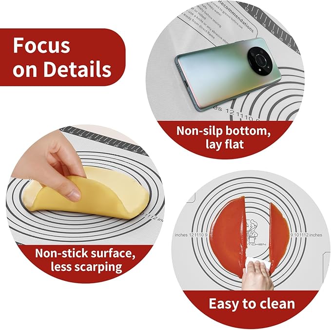 Silicone Baking Mat with Measurement, Non Stick Silicone Pastry Mat for Dough Rolling, Silicone Mat for Baking Macaron Pizza Cookies Pie Crust Oven, Silicone Bread Mat