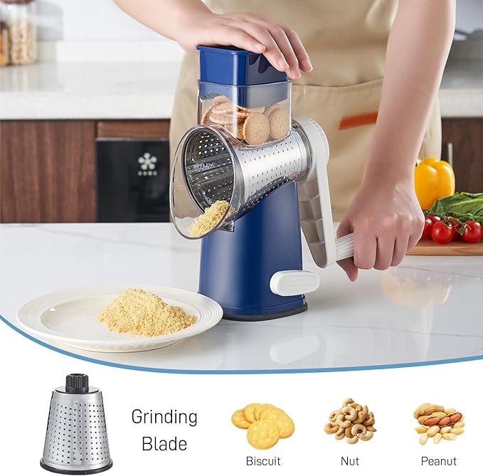VEKAYA Cheese Grater, Cheese Grater Hand Crank, 4 Interchangeable Blades Cheese Shredder, Vegetable Slicer, Non-slip Suction Base, Easy to Clean Rotary Grater with Handle (Blue)