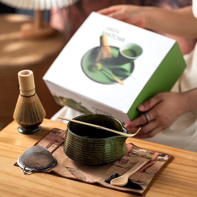 Matcha Whisk Set,(8Pcs) Includes Ceramic Matcha Bowl, Whisk, Holder, Scoop and Spoon, Rest, Sifter, Tea Towel,Traditional Tea Ceremony Set Gift