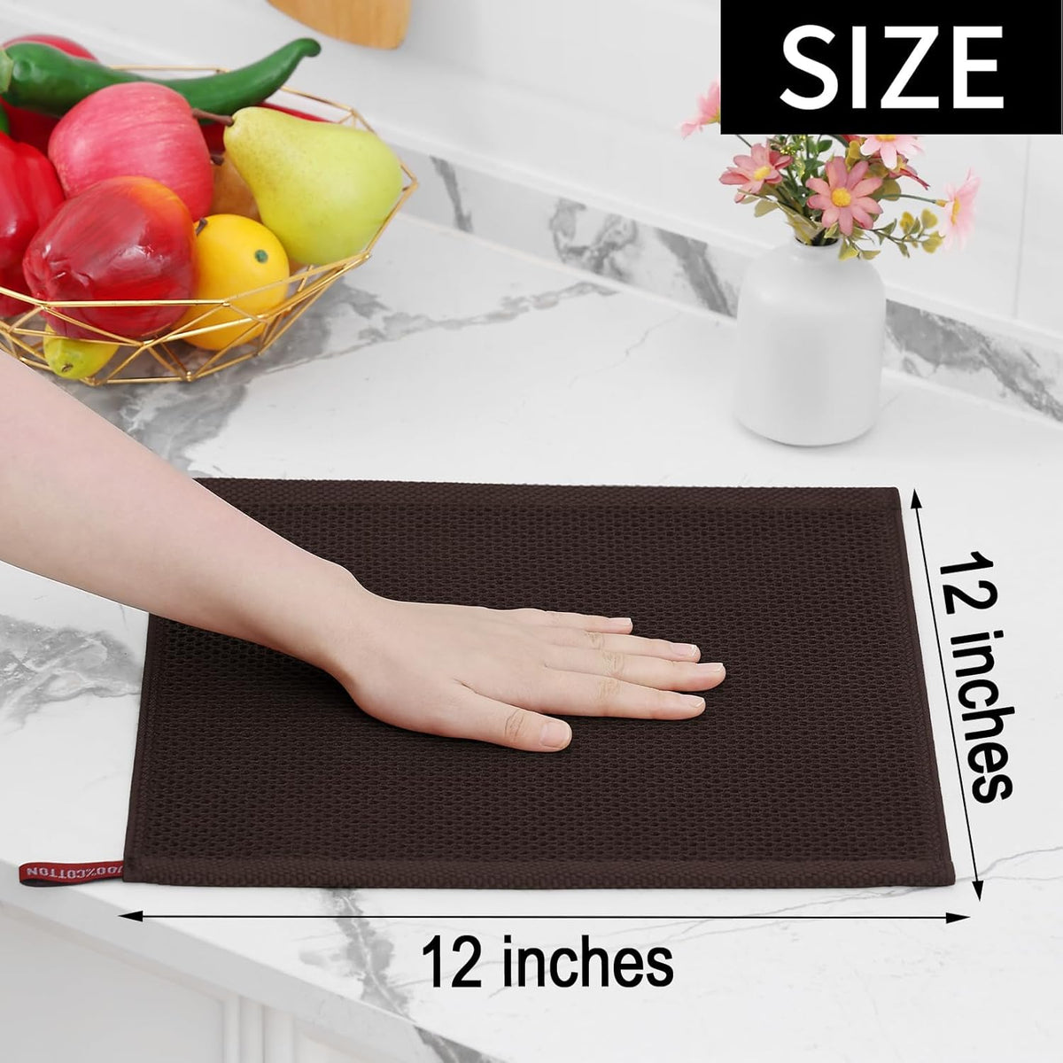 Homaxy 100% Cotton Waffle Weave Kitchen Dish Cloths, Ultra Soft Absorbent Quick Drying Dish Towels, 12 x 12 Inches, 12-Pack, Dark Brown