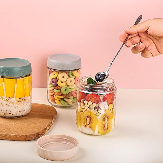 YUNCANG 6-pack Overnight Oats Containers with Airtight Lids, 16 oz Wide Mouth Mason Salad jars, Glass Food Storage Containers for Sugar Spice Yogurt Snacks