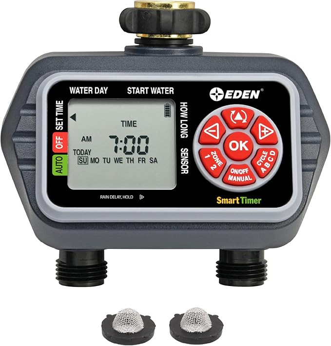 Eden 93412 Programmable Digital Water Timer 2-Zone, Compatible with Wireless Soil Moisture Sensor