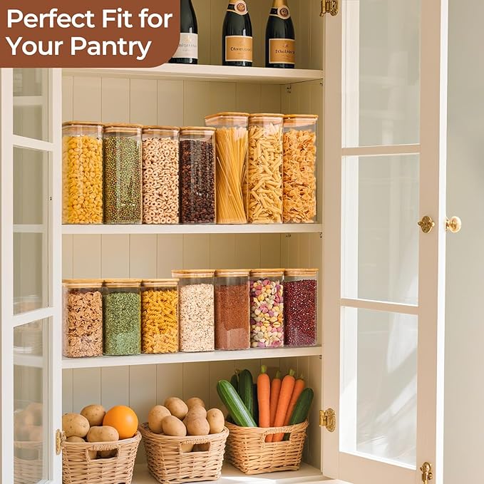 ComSaf 1.9 Qt Glass Storage Containers with Lids, Glass Jars with Lids, Clear Food Storage Jar, Square Canister Set of 3, Pantry Organizers and Storage for Flour Rice Pasta Tea Coffee Bean