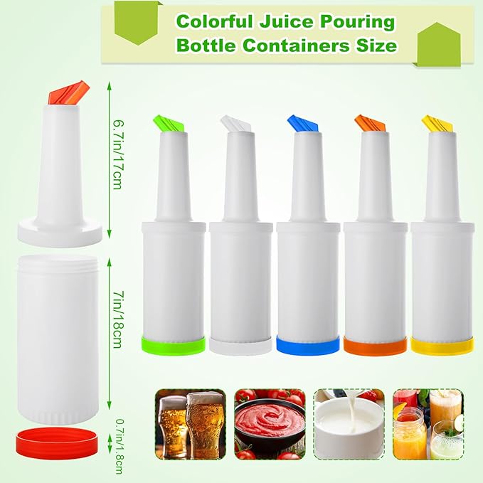 6Pack Fruit Juice and Liquor Pour Bottles, Colorful Juice Pouring Bottle Containers, Plastic Juice Pour Bottles for Liquor Juice, Plastic Juice Dispensers for Home Party Bar Kitchen Supplies