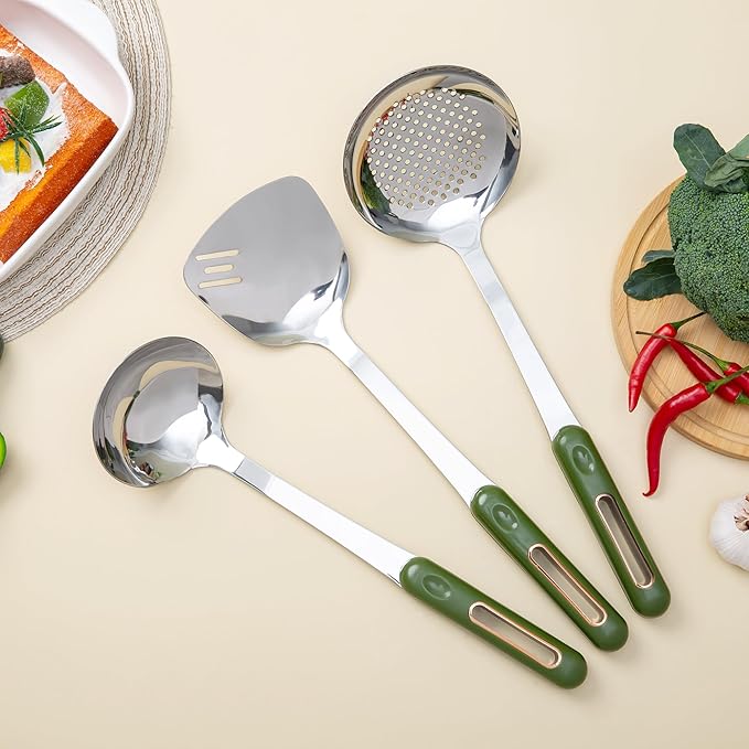 FJNATINH Wok Spatula and Ladle Skimmer Spoon - Stainless Steel Cooking Utensils Set of 3,Kitchen Wok Utensils Set,Green Handle
