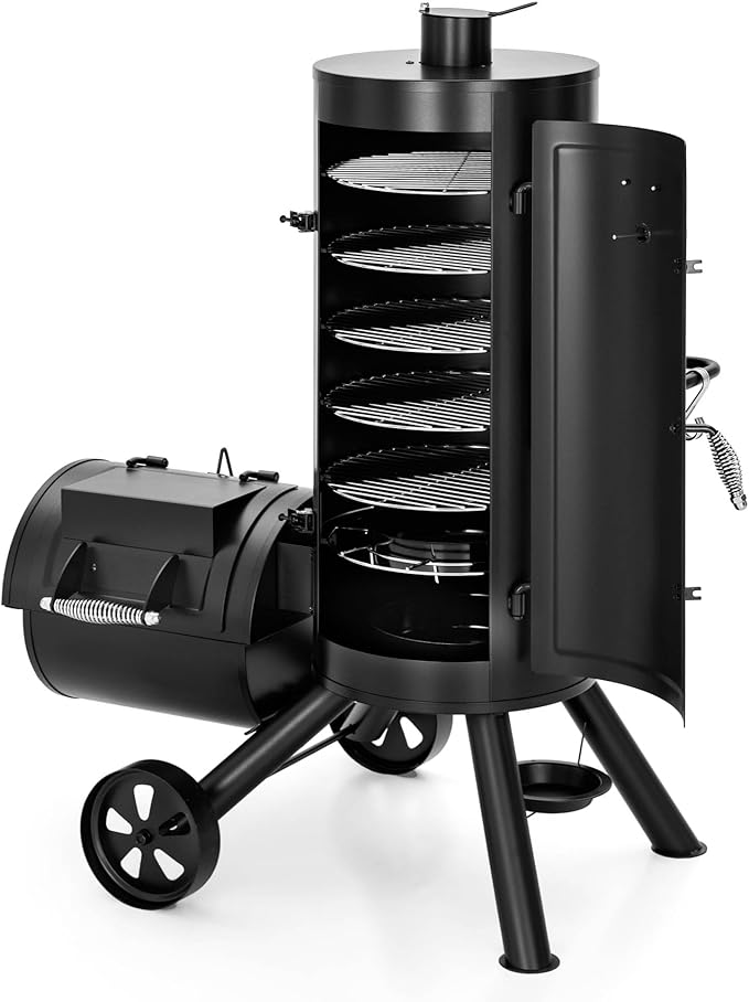 MFSTUDIO Vertical Offset Smoker Charcoal Grill,Extra Large BBQ Barrel Grills and Drum Smoker Combo with hanging racks and 5 removable grates for Smoking,ourdoor barbecue cooking,961 SQ.IN.Area