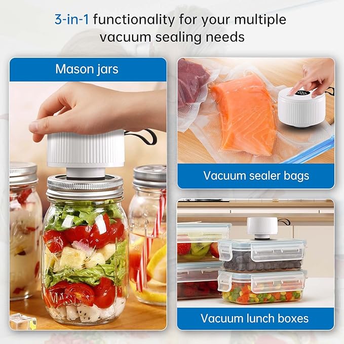 Electric Mason Jar Vacuum Sealer Kit, 3-in-1 Handheld Automatic Vacuum Sealer for Mason Jars, Canning Sealer Machine for Jars, Containers, Vacuum Bags | Present for Mom, White