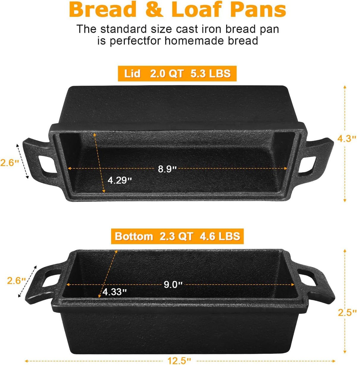 2 Piece SetCast Iron Loaf Pan,Bread Pans for Homemade Bread with Lid Homemade Sourdough and Meatloaf, Bread Oven Cast Iron Cookware