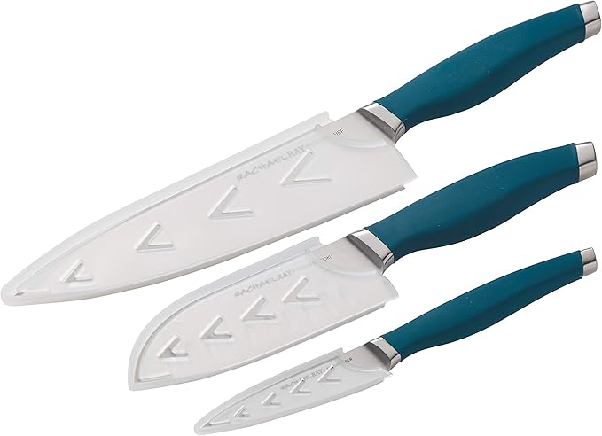 Rachael Ray Cutlery Japanese Stainless Steel Knives Set with Sheaths, 8-Inch Chef Knife, 5-Inch Santoku Knife, and 3.5-Inch Paring Knife, Teal