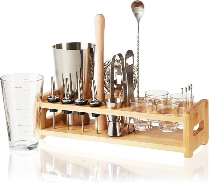 True 20-Piece Cocktail Shaker Bar Set with Wooden Stand Includes Boston Shaker, Mixing Glass, Muddler, Jigger, Strainer, Bartender Kit for Mixed Drinks, Cold Brew Cocktails, Home Bar Tools
