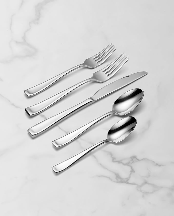 Oneida Silverware Set For 12, Moda 75-Piece Fine Flatware Set with Serving Utensils, Service For 12, 18/10 Stainless Steel, Mirror Finish, Dishwasher Safe, Knives Spoons and Forks Set(Silver 75 Piece)