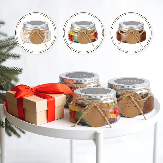 50 Set Mason Jars with Lids, 5 oz Mini Jam Wide Mouth Jars with Labels Stickers and String, Small Plastic Bottles for Canning Jelly Spice Herbs Honey Storage Wedding Party Favors