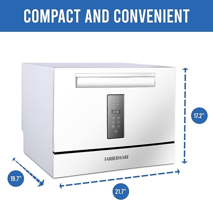 Farberware Compact 6-Place Setting Dishwasher - Portable Mini Countertop Dishwasher with 7 Wash Programs - Perfect for Small Spaces Like Apartment, Dorm, Boat, Camper/RV