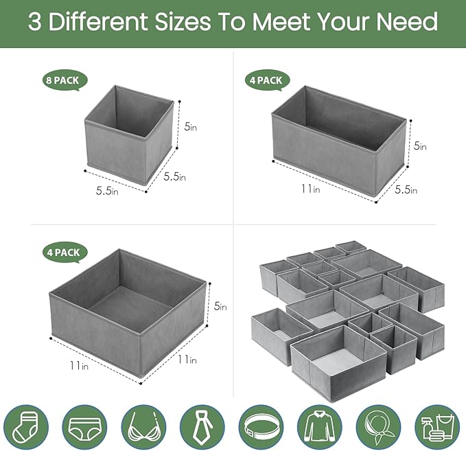 Criusia Drawer Organizer Clothes,16 Pack Underwear Drawer Organizers, Foldable Closet Organizers and Storage Dresser Drawer Dividers Clothing Organizer for Clothes, Socks, Scarves, Bra, Ties (Grey)