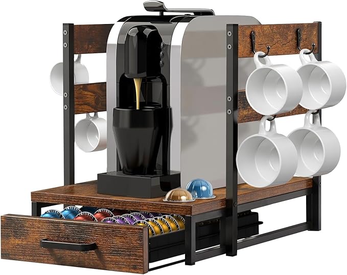 Evermagin Coffee Pod Holder, Vertuo Pod Holder Compatible with Nespresso, 28 Large or 56 Small Nespresso Capsule Organizer Drawer Station with Cup Rack, Rustic Brown