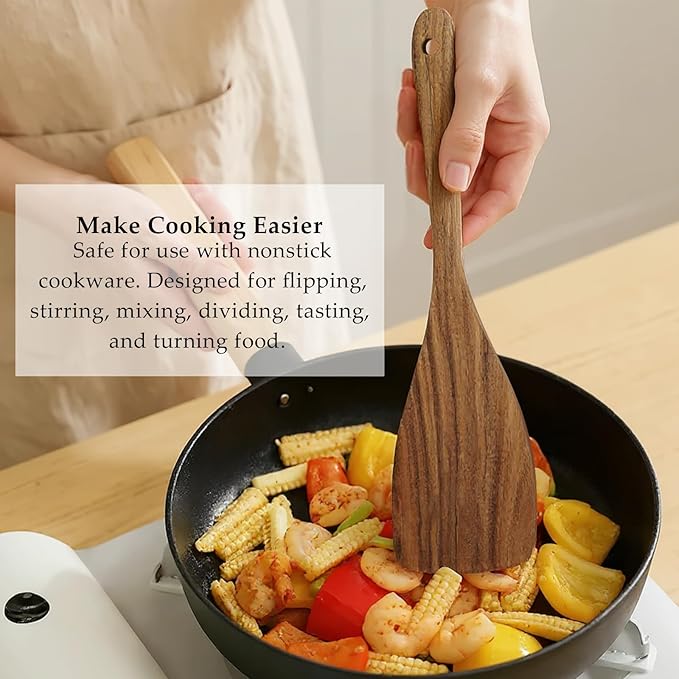 3Pcs Wooden Spatulas, Wooden Spatula for Cooking Long Handle Frying Turner Non-Stick Slotted Spurtle and Wood Scraper for Flipping, Scraping, and Turning, Cooking Utensils Set