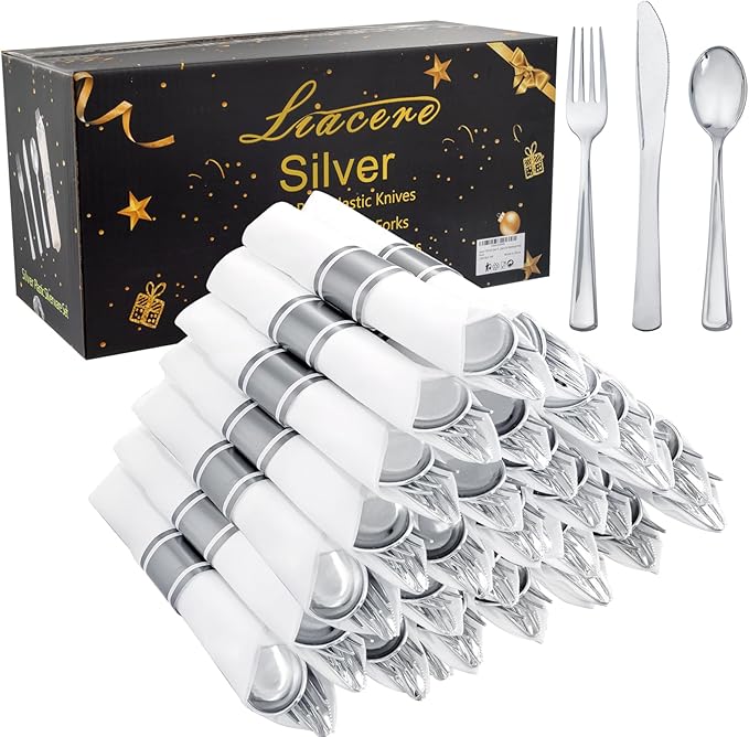 Liacere 100 Pack Silver Plastic Silverware-Pre Wrapped cutlery and Napkin-Pre Rolled Silverware Disposable 100 Forks, 100 Knives 100 Spoons, 100 Napkins Plastic Utensils＆Father's Day＆Independence Day